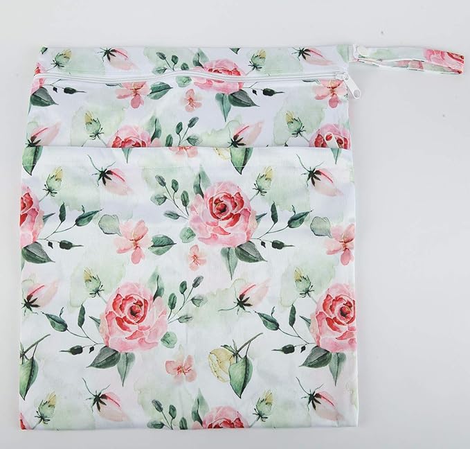 Wet Dry Bag Baby Cloth Diaper Nappy Insert Reusable Washable (Pink Flowers)
