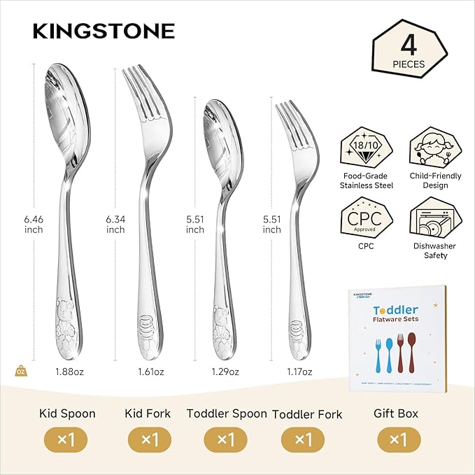 KINGSTONE Toddler Utensils Gift Set, 4-Piece Forks & Spoons, Small & Large, 18/10 Stainless Steel, Ergonomic Flatware for Toddlers & Kids, Self-Feeding, Honey Bear Print
