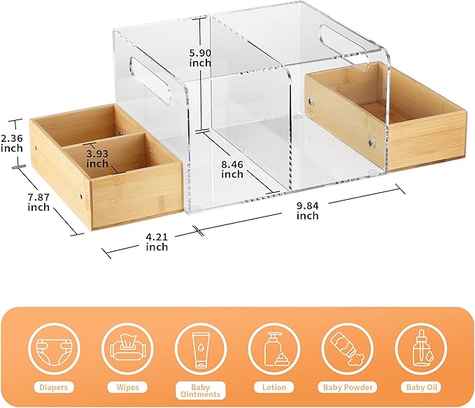 Acrylic Diaper Caddy, Changing Table Organizer with Handle & 3 Wooden Compartments, Storage for Wipe Dispenser, Baby Organizers and Storage, Perfect for Diapers Wipes Creams, Clear