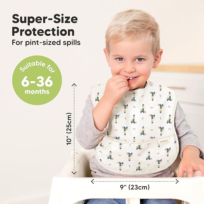 KeaBabies 3-Pack Waterproof Baby Bibs for Eating - Lightweight Toddler Feeding Bibs with Large Food Catcher, Mess Proof, Food-Grade Baby Eating Essentials, Easy to Put On & Clean (Toy Land)