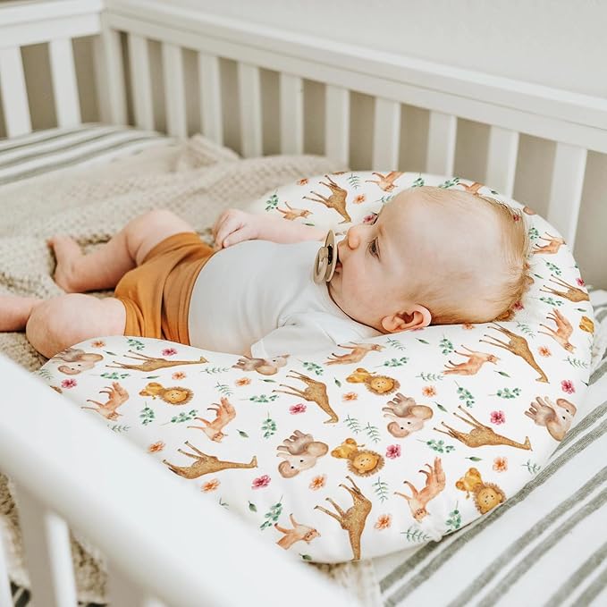 Watercolor Safari Animals Baby Nursing Pillow Covers for Boy Girl Lion Giraffe Elephant Floral Leaves Nursery Pillowcase for Breastfeeding Pillows African Jungle Soft Stretchy Slipcover for Infant