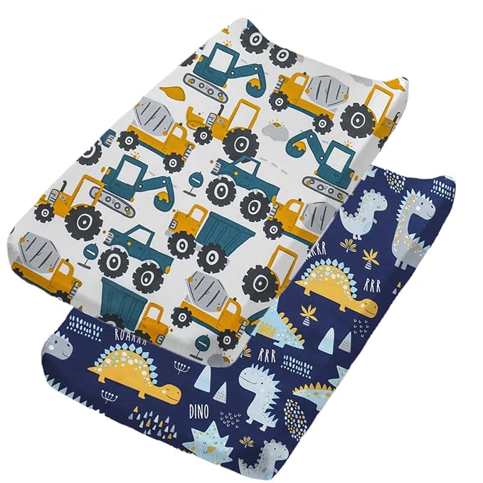 2 Pack Changing Pad Cover for Girls Boys, Ultra Soft Breathable Cotton, Baby Diaper Change Table Pad Covers (32"x16", Dinosaurs Car)
