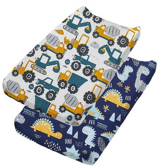 2 Pack Changing Pad Cover for Girls Boys, Ultra Soft Breathable Cotton, Baby Diaper Change Table Pad Covers (32"x16", Dinosaurs Car)