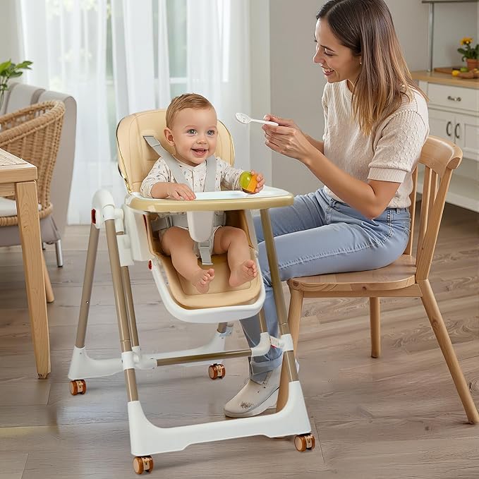 Ktaxon Folding Baby High Chair, Adjustable Height Highchair with Backrest, Dual-Layer Tray and 5-Point Safety Harness for Toddlers & Babies, Beige