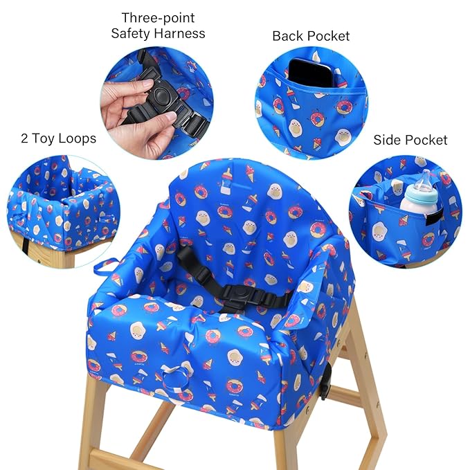 Baby High Chair Cover Restaurant with 3-Point Harness,Portable High Chair Covers for Travel,Dining Out,Waterproof and Machine Washable,Inner Padded,Fits Wooden High Chairs,Blue
