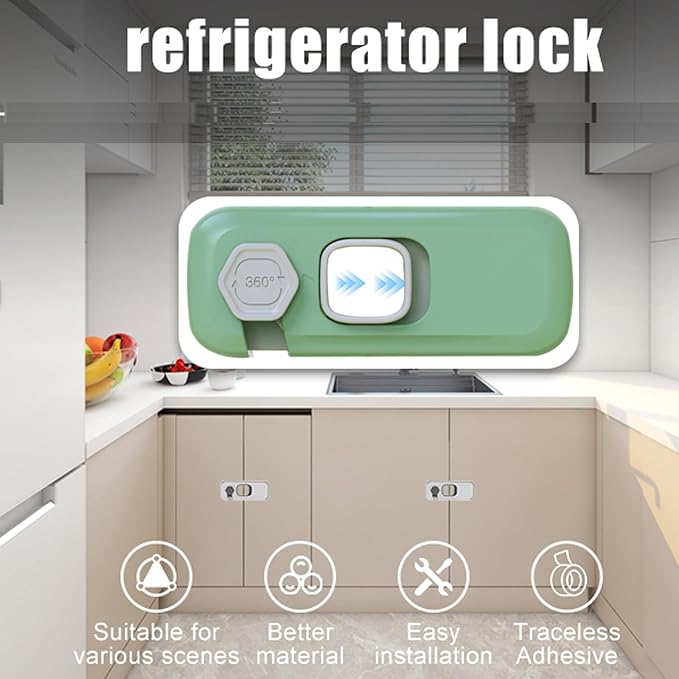Fridge Locks with Self Adhesive, Refrigerator Latch for Kids, Toddlers and Children, Child & Baby Proofing Freezer Door Lock for, Cabinets and Drawers, Oven, Windows (Green-2pack)