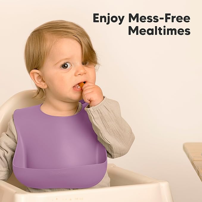 KeaBabies 2-Pack Silicone Bibs for Babies, Toddlers Girl, Boy – Sturdy Food-Grade Baby Bibs for Eating, Large Food Catcher, Clean & Put On Easily, Waterproof Toddler Feeding Essentials (Amethyst)