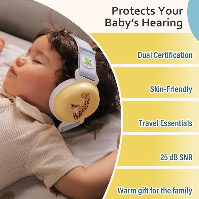25dB NRR Noise Cancelling Baby Earmuffs - CPC & CE Certified, Ultra Lightweight Adjustable 6+ Months Infants - Protect Sleep & Hearing for Airplanes, Concerts, Outdoor Trips - Baby Travel Essentials