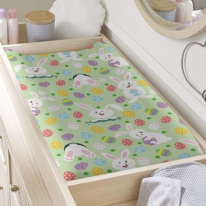 Rabbit Egg Easter Changing Pad Cover Waterproof Breathable Universal Tray Table Mat for Boys Girls Stretchy Soft Changing Table Cover Easy to Clean