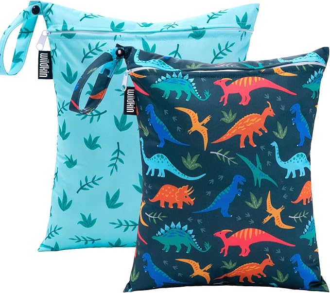 Wildkin Wet Bag Set for Boys, & Girls – Durable Zipper with Snap Loop Handle, Reusable Water-Resistant Bags for Beach, Pool, Travel & Gym - Jurassic Dinosaurs