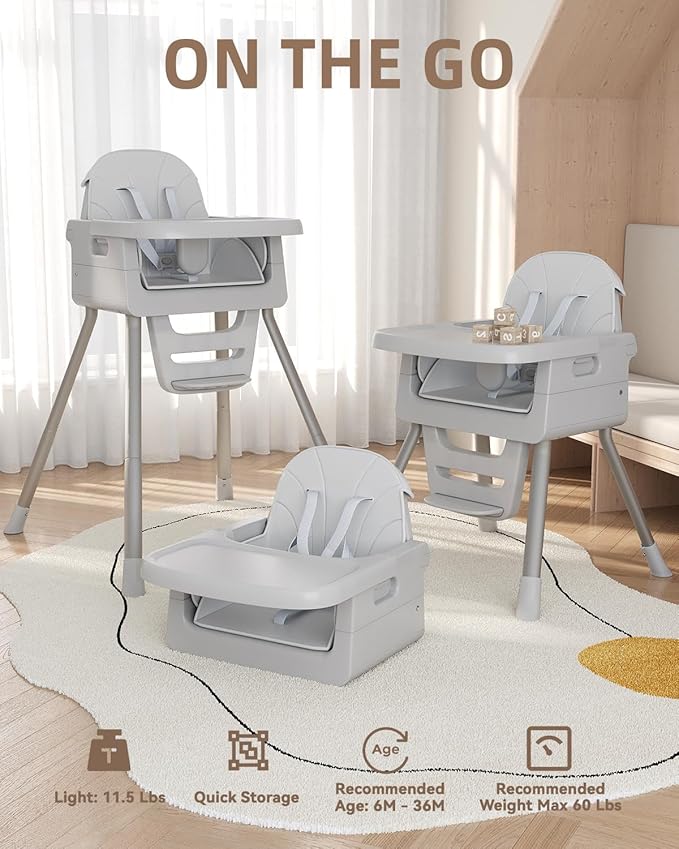Baby High Chair for 6 Months+, Foldable High Chairs for Babies and Toddlers, Convertible High Chair, Adjustable Tray & Footrest, Portable High Chair & Easy to Clean(Gray)