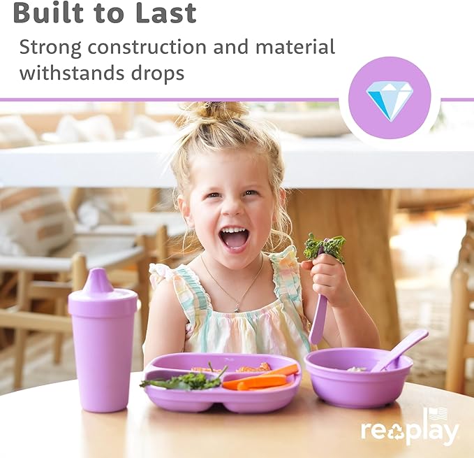 Re-Play Toddler Plates with Dividers - Deep-Walled 3 Compartments Divided Plates for Kids - Dishwasher & Microwave Safe - Made in USA - Set of 4-7.37" x 7.37" x 1.25" - Spring
