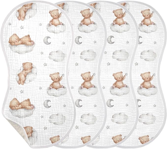 vvfelixl Baby Burp Cloths Bears Clouds Newborn Cotton Burping Cloths Set Absorbent & Soft 22 * 11IN, 4 Pack