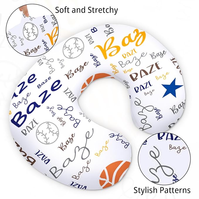 Baby Nursing Pillow Cover - Personalized Name Multiball Theme Breastfeeding U-Shaped for Bottle Feeding, Ultra Soft Comfortable Breastfeeding Pillow Cover for Infant Baby Boys and Girls