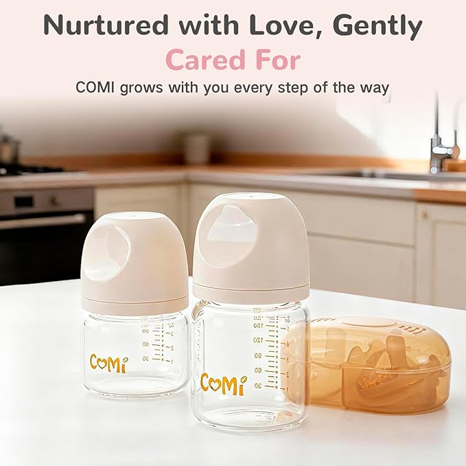 COMI Natural Glass Baby Bottles for Breastfeeding Babies,Newborn Anti-Colic Baby Bottle Set with Slow Flow Nipple,0-3 Months,BPA-Free,4 oz,1 Pack