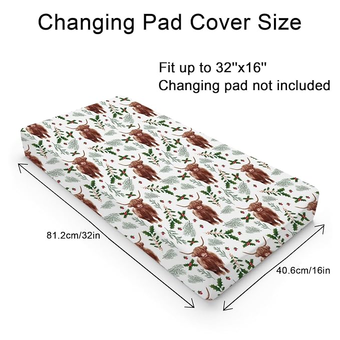 Christmas Highland Cows Changing Pad Cover Cute Yak Cherry Fir Leaves Diaper Changing Table Cover Sheets for Boys Girls Soft Breathable Stretchy Fitted Changing Table Mats 32''x16''
