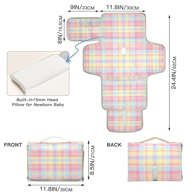 Portable Diaper Changing Pad Travel Baby Changing Mat Waterproof Diaper Changing Mat Foldable Lightweight Baby Changer with Built-in Pillow Tartan Plaid