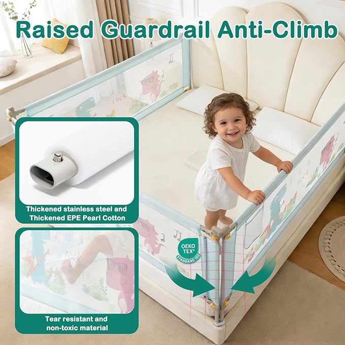 Bed Rail for Toddlers Twin, Full, Queen, King & Cal kingMattress Size | Swing Down Rail Guard | Mattress Side Rail for Kids (Blue Dinosaur, (3 Sides for King Size) 79.9x79.9x76 Inch)