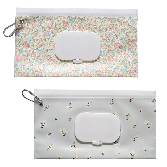 2 Pack Wipes Dispenser, Portable Wipe Container with Hanging Loop, Refillable Wet Wipes Pouch for Hiking, Traveling, Outdoor Outing or Camping (Floral)