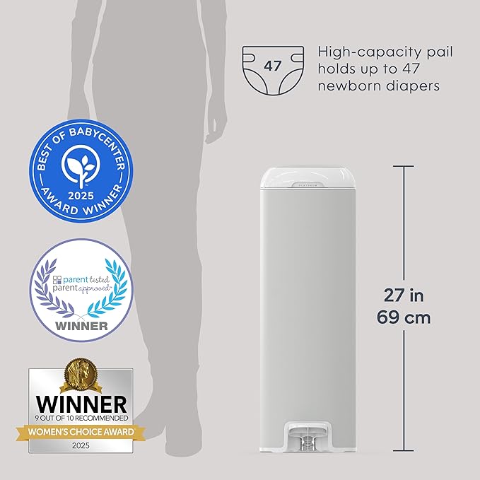 Diaper Genie Platinum Pail (Grey) is Made in Durable Stainless Steel and Includes 1 Easy Roll Refill with 18 Bags That can Last up to 5 Months.