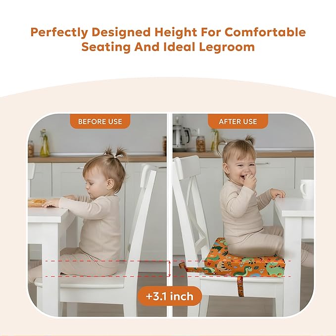 Toddler Booster Seat for Dining Table & Kitchen Chairs - Premium Foam with Non-Slip Bottom & Double Adjustable Straps, Safety Certified, Portable Travel &Easy to Clean (Orange-Dinosaur)