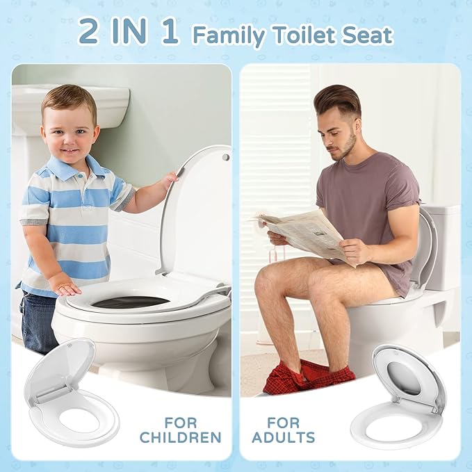 YASFEL Toddler Toilet Seat Built in, Potty Training Toilet Seat for Toddlers, Kids & Adults White Plastic Toilet Seats Standard Round Slow Close with Magnets(White, 16.5”)