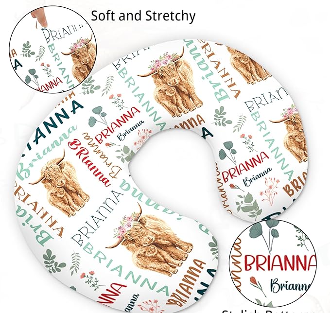 Baby Nursing Pillow Cover - Personalized Name Breastfeeding Pillow Cover with Highland Cow Pattern, Stretchy Removable U-Shaped for New Moms, Soft Breathable Slipcover for Infant Boys Girls