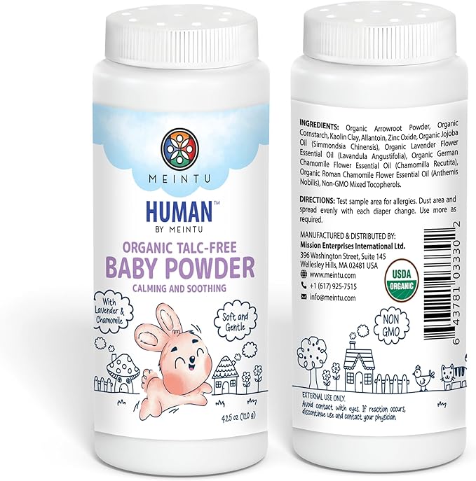MEINTU Organic Baby Powder Talc Free- Calming and Soothing Cornstarch Baby Powder with Lavender and Chamomile- Skin Nourishing Powder for Newborn- Non GMO Lavender Scent- 4.25 Oz