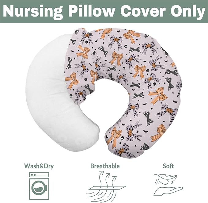 Halloween Bows Baby Nursing Pillow Covers for Boy Girl Spooky Bows Bats Pumpkins Skulls Nursing Slipcovers for Breastfeeding Pillows Orange Purple Ribbons Soft Stretchy Removable Covers for Infant
