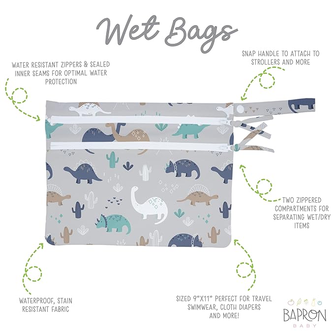 BapronBaby Desert Dinos Wet Dry Bag - Waterproof Two Zipper Pockets - Reusable for Mealtime, Diapers, Stroller, Snacks, Swimsuits - Machine Washable - 11" x 9"