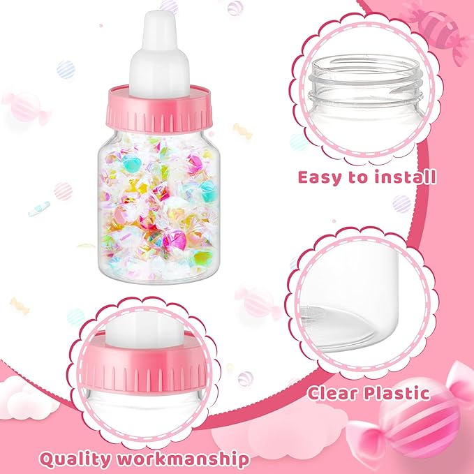 Tessco for you 72 Pcs 3.5 Inch Baby Bottles for Baby Shower Mini Plastic Bottle Party Favor Clear Candy Box for Guests Gift (Pink)