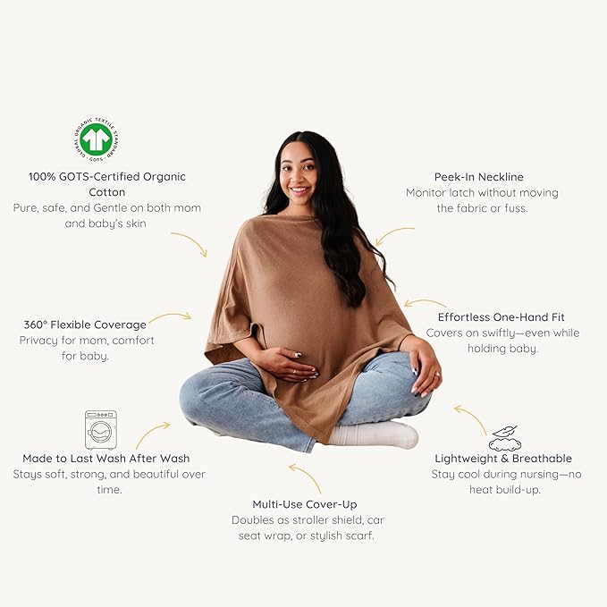 MakeMake Organics Knit Breathable Nursing Cover Up for Breastfeeding - Soft GOTS Certified Organic Cotton Breastfeeding Cover Up for Women - Privacy Feature, Brown