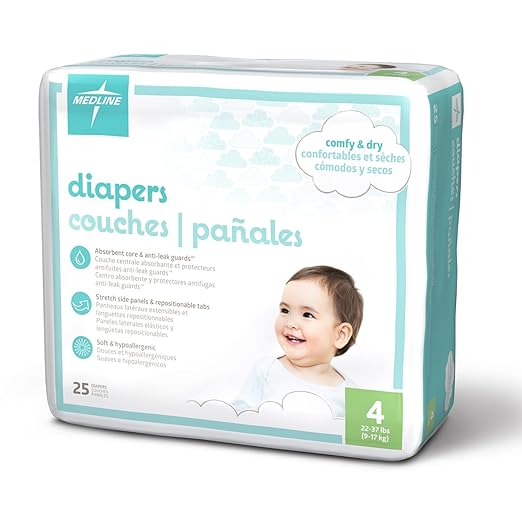 Medline Premium Disposable Baby Diapers, Absorbent & Ultra-Soft for Delicate Skin, Size 4 (22-37 lbs), Pack of 25