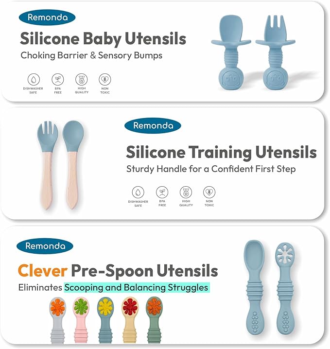 Remonda 17-Piece BPA-Free Baby Silicone Feeding Set | Extra Large Suction Plates, Toddler Bowls, Self Feeding Spoons, and More | Dishwasher Safe| Infant Led Weaning Supplies（Blue）
