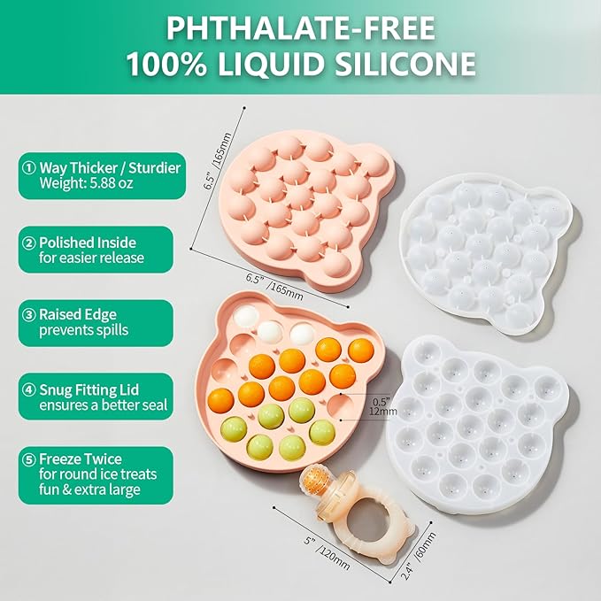 Baby Fruit Feeder& Teether with Freezer Tray Combo, BPA-Free Silicone Food Feeder for 4+ Months, Breastmilk Popsicle Molds for Teething Relief, Dishwasher Safe Baby Food Freezer Tray with Lid