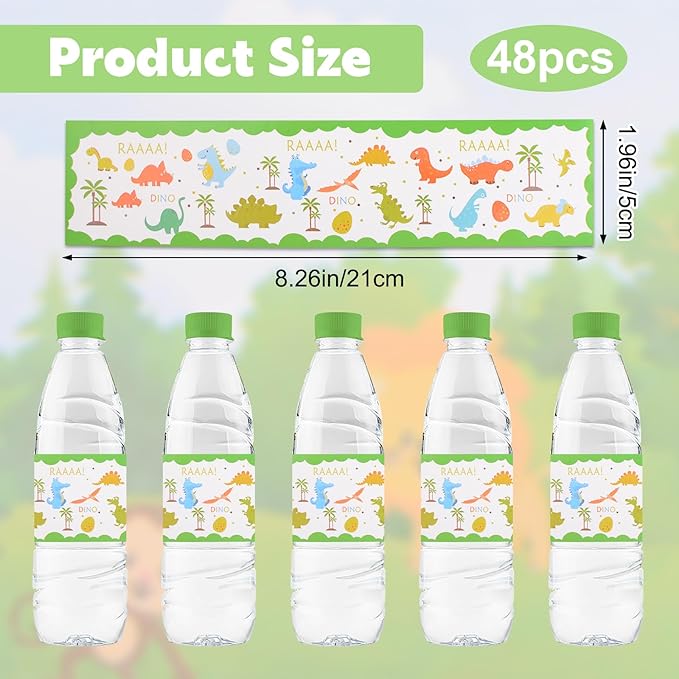 48 Pcs Dinosaur Baby Shower Water Bottle Labels Waterproof Water Bottle Wrappers Green Animal Water Bottle Stickers Baby Shower Bottle Wraps Decorations for Birthday Party