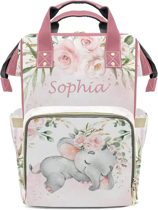 Pink Elephant Flower Diaper Bag Backpack Multifunction Bags with Changing Pad Unisex Stylish Travel Back Pack Nappy Custom Bag for Moms Dads