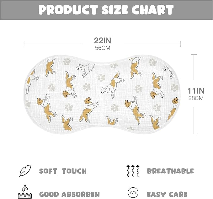 2 Pack Muslin Burp Cloths Golden Dogs Paw Prints White Cotton Baby Burp Cloths Ultra Absorbent Soft Thick Burping Cloth for Baby Boys Girls 22x11 Inch