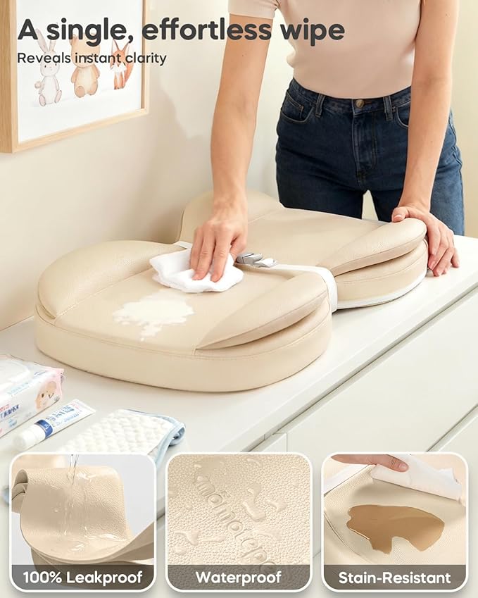 Baby Changing Pad, Waterproof Wipe-Clean PU Leather with High-Density Foam, Non-Slip Contoured Cushioned Edges with Adjustable Safety Strap, for Dresser & Changing Table, 28"×16", Beige
