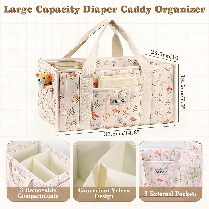 SEISSO Diaper Caddy Organizer with Handle, Portable Baby Gift Basket, Floral Diaper Organizer Nursery Storage Bag, Newborn Girl Boy Essentials, Gift for Baby Shower
