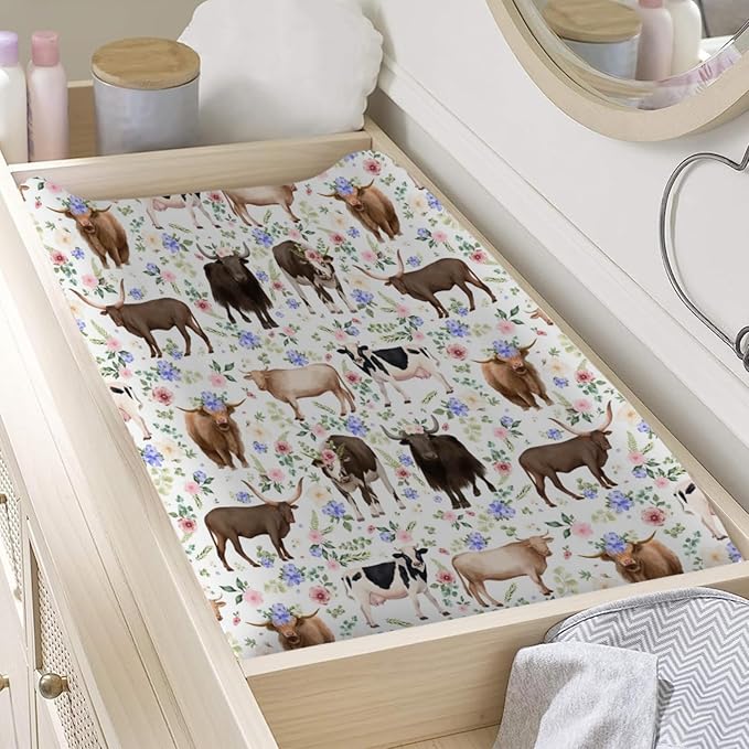 Cows Boho Retro Floral Changing Pad Cover Farmhouse Cows Cattles Yak Flowers Baby Diaper Change Table Sheets for Boys Girls Soft Stretchy Changing Table Mats Cover 32''x16''