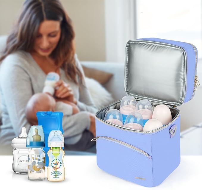 Breastmilk Cooler Bag with Ice Pack, Insulated Baby Bottle Tote Bags Fits 6 Bottles Up to 9 Ounce, Double Layer Breastmilk Travel Carrying Case for Nursing & Working Mom