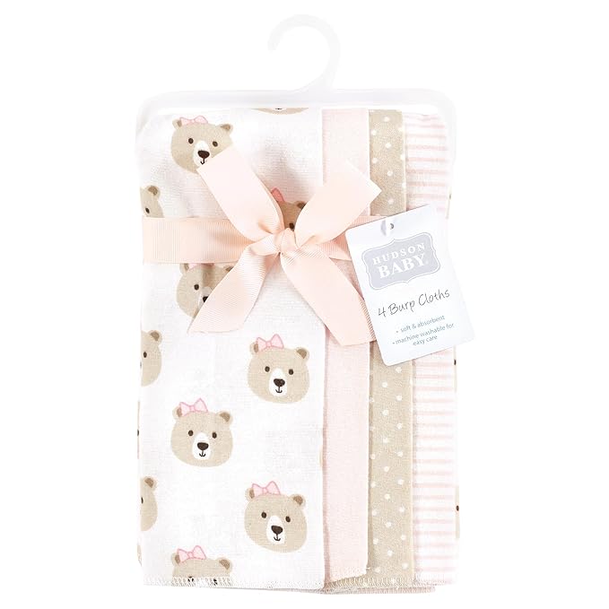 Hudson Baby Unisex Baby Cotton Flannel Burp Cloths, Pink Taupe Bear, One Size