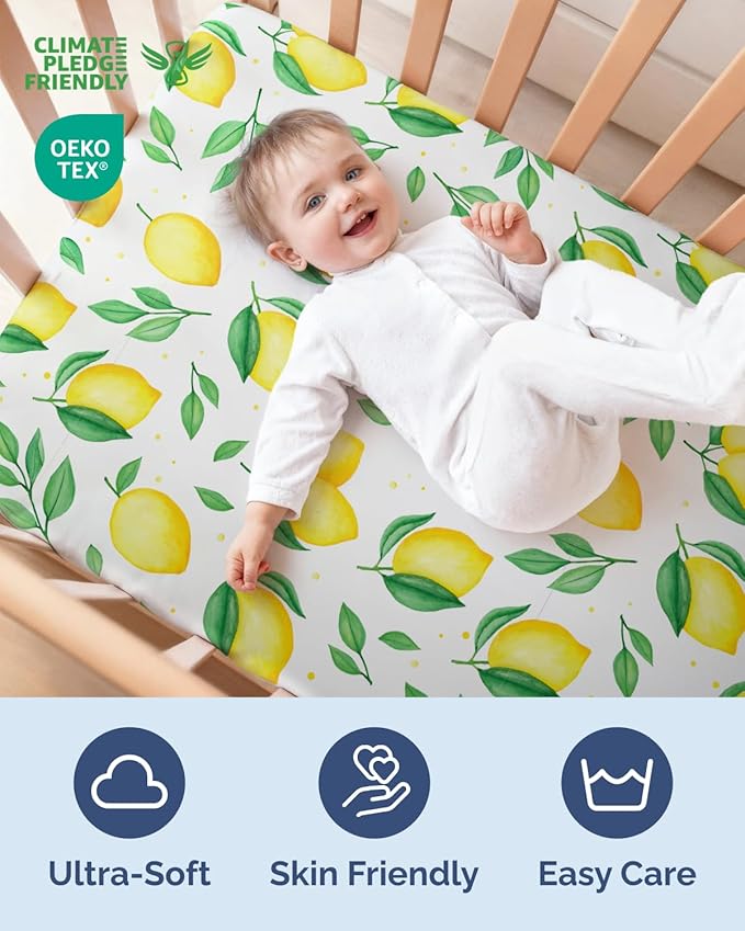 2-Pack Mini Crib Sheets Fitted - Pack N Play Sheets for Pack and Play Mattress - Stretchy Soft Microfiber Playard Bedding - Mini Toddler Bed Cover Boys & Girls - Easy-Fit, Oeko-Tex, 38 x 24in, Lemons