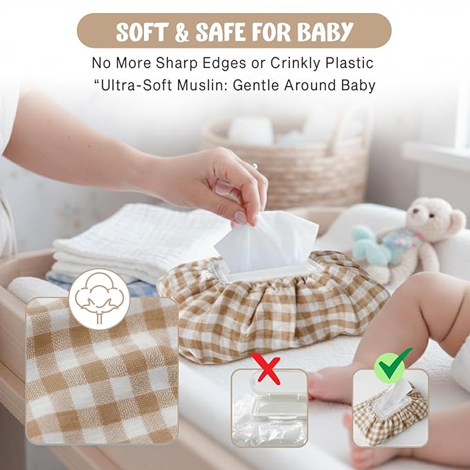 Baby Wipes Cover – Universal Size, One Size Fits All Wipes Packages | Muslin Cotton Tissue Cover for Nursery, Diaper Bag & Changing Table, Station | Gingham & Neutral Patterns (Beige Gingham)