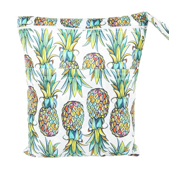 2 Wet Bags With Two Zippered Pockets Reusable Diaper Nappy (Mustache and Pineapple)