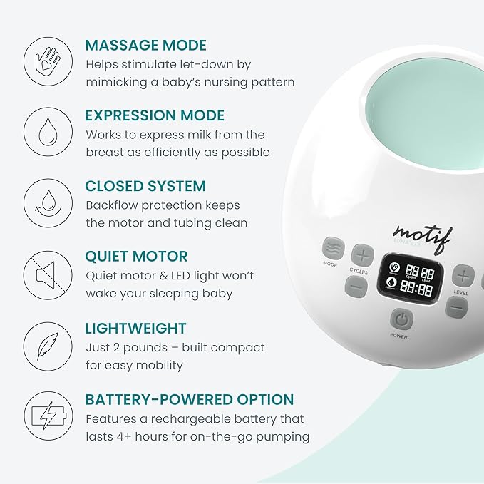 Motif Medical Luna Double Electric Pump for Breastfeeding - Portable Pump Breastfeeding w/Battery - Hospital Grade Pump w/LED Light - Hands-Free Breast Pump, Quiet Motor Baby Breast Pump