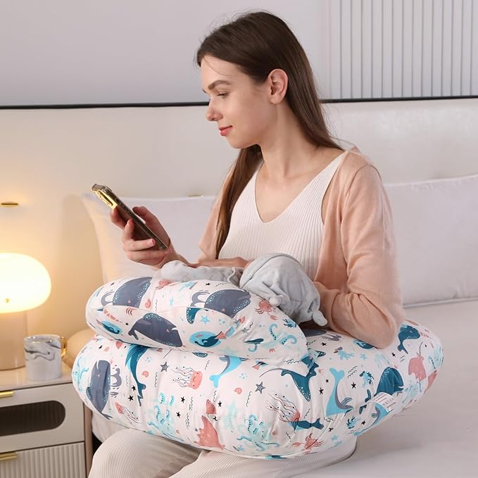 BATTOP Nursing Pillow for Breastfeeding, Feeding Pillow with Adjustable Waist Strap, Removable Slipcover, Breastfeeding Pillows for More Support for Mom, Plus Size, Extra Pillow on Top