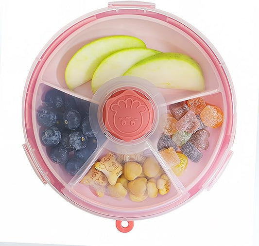 KingKam Kids Snack Spinner Containers, Reusable Toddler Spin Snack Container Box with 4 Compartments & Lid, Travel On-The-Go Snacking, BPA Free | Dishwasher Safe | Strap and Sticker (Pink)