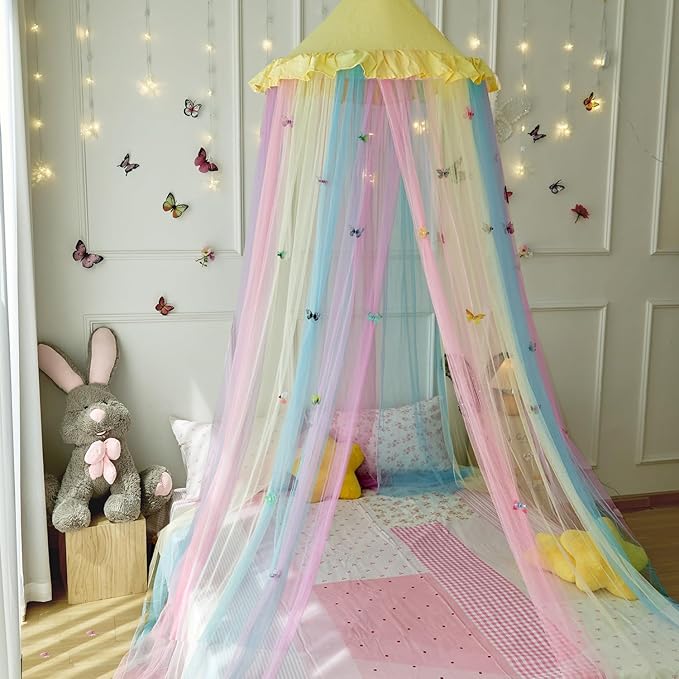 Yellow Rainbow Bed Canopy with Butterflies for Girls,Breathable Canopy Bed Curtain for Bed,Princess Play Tent for Kids Room Reading Nook